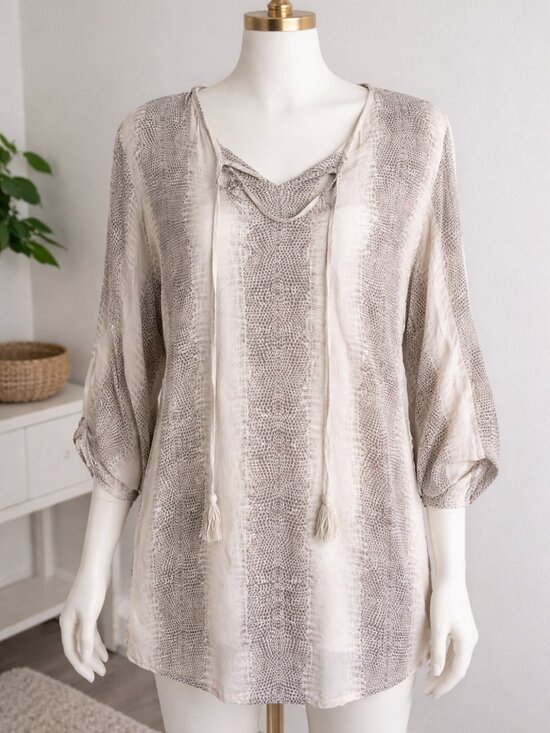 Tops - Sara Studio Blouse w/tasseled Tie 3/4 Sleeves Size XL Brown/Tan Print - EUC